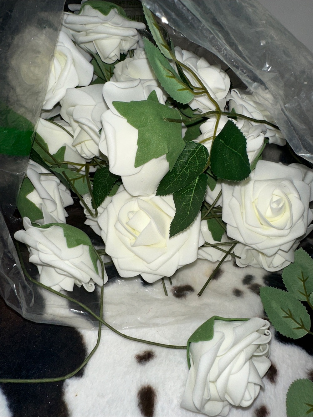 White Artificial Rose Bouquet with Green Leaves